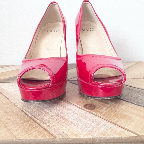 Stuart Weitzman Candle Apple Red Peep-Toe Heels - Picture 6 of 12
